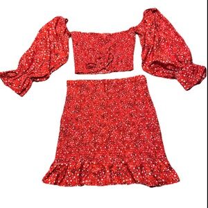 SHEIN Ditsy Floral Off Shoulder Shirred Crop Top Skirt Set Boho Feminine Trendy